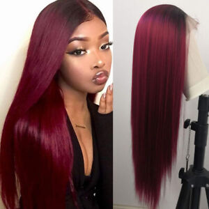 Ombre Burgundy Lace Front Wigs Heat Resistant Synthetic Long Straight Hair Soft