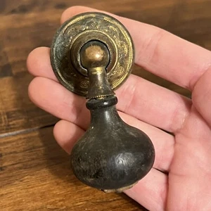 Antique Victorian Era - Wooden Teardrop Drop Pull Handle Brass Backing - Picture 1 of 5