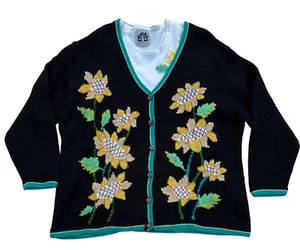 Storybook Knits 2pc Sunflower Paradise Cardigan Black/Wht Sweater Tank Set Sz 2x - Picture 1 of 12