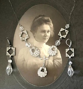Precioso juego de collar de diamantes de imitación de plata de 1920, 1930, novia, esterlina, 20" - Imagen 1 de 11