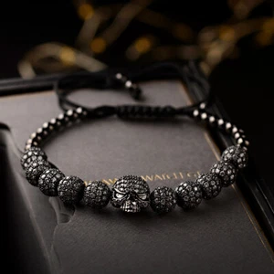 Luxury Black Brass Ball Zircon Skull Bracelets Adjustable Handmade Knot Bracelet - Picture 1 of 8