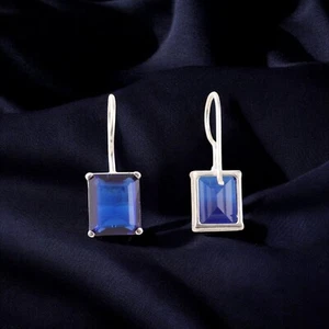 Faceted Blue Sapphire Gemstone Earring 925 Sterling Silver Earring For Daughter - Picture 1 of 8
