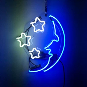 Moon and Star Real Glass Neon Sign Kid's Room Wall Hanging Nightlight Art 14"x7" - Picture 1 of 3