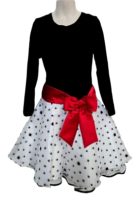 Vestido Bonnie Jean Navidad Vacaciones 7 Negro Top Blanco Brillo Falda Rojo Lazo Borde Foto 1 de 4