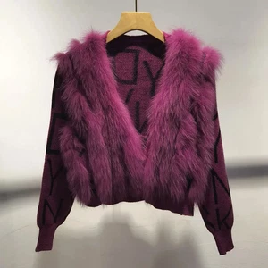 Cárdigan corto de punto para mujer con piel otoño manga larga suéter de piel para mujer - Imagen 1 de 9