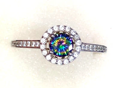 Anillo de plata esterlina con topacio místico circonita cúbica halo rodio 925 6 mm 1,5 quilates talla 13 3 g 4205 Foto 1 de 4