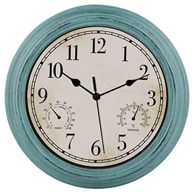 12 Inch Indoor Outdoor Retro Waterproof Wall Clock with Thermometer and Green - Image 1 of 4