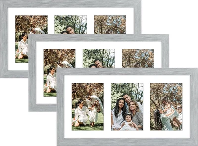 , Set of 3, 9X18 Grey Wood Frame - White Mat for Three 5X7 Pictures - Sawtooth H - Image 1 of 4
