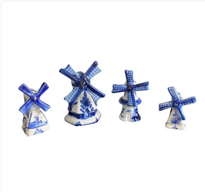 MINIATURE DELFT BLUE & WHITE PORCELAIN HOLLAND WINDMILLS ORNAMENTS VINTAGE - Image 1 of 3