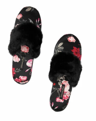 VICTORIA'S SECRET NEGRO ROJO FLORAL DIFUSO ACOGEDOR SATINADO ZAPATILLAS PEQUEÑAS 5 6 BOLSA Foto 1 de 4