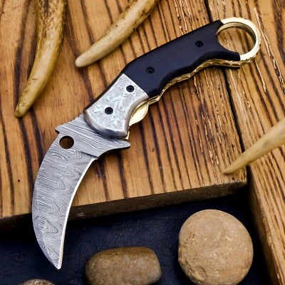 Faca de bolso SHARD™ extravagante feita à mão karambit forro damasco trava com couro - Imagem 1 de 4