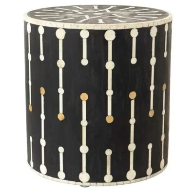 Bone inlay side Table, Bone inlay Round Drum, Bone inlay End Table Black Gold - Image 1 of 4