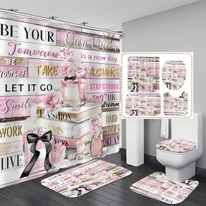 AZHM 4Pcs Shower Curtain Sets Pink Fashion Floral Bathroom Decor Set Inspiration - Picture 1 of 7