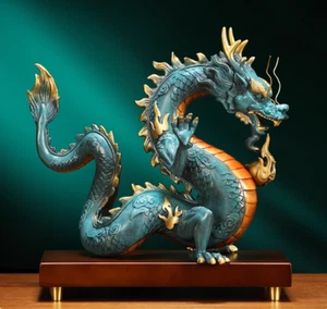 10.7'' Chinese Copper Gilt Painting Fengshui 12 Zodiac Dragon Loong Beast Statue - Picture 1 of 10