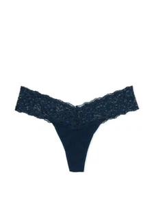 NEW SIZE MED. VICTORIA'S SECRET LACE WAIST COTTON LOWRISE NAVY BLUE THONG PANTY - Picture 1 of 2