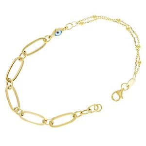 Italian 14k Yellow Gold Ball Beads Paper Clip Link Evil Eye Bracelet 7.5" 2.5g - Picture 1 of 4