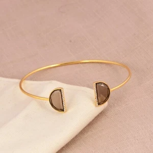18ct Gold Plated Smokey Quartz Double Gemstone Cuff Bangle Bracelet For Wedding - Picture 1 of 13