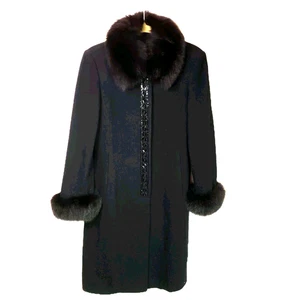 Vintage Marvin Richards Gr. 4 schwarz Pelzbesatz Lammwolle Penny Lane Trenchcoat Y2K - Bild 1 von 11