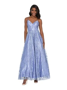 BLONDIE NITES Womens Blue Lined Lace-up Back Spaghetti Strap Dress Juniors 13 - Picture 1 of 11