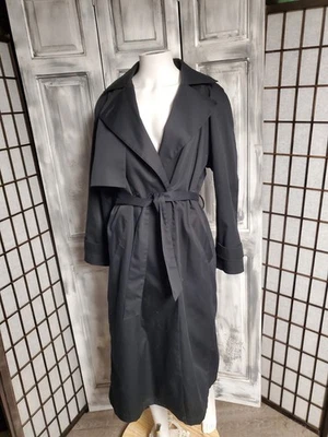 10P 10 Petite Vtg Black Long Trench Coat Women All Season Lined Belted Euc - Image 1 of 4