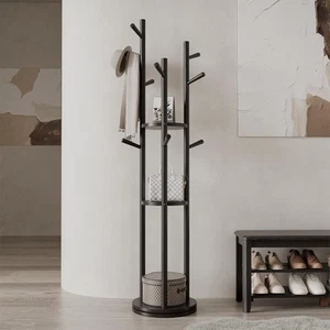 Solid Wood Rotary Coat Rack, Freestanding Coat Rack with 3 Shelves and 9 Hook... - Picture 1 of 9