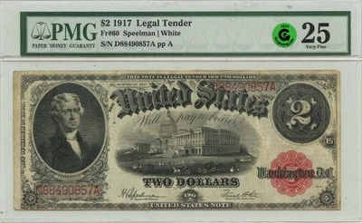 1917 $2 Legal Tender Small Red Fr# 60 PMG VF25 GCC Green - Image 1 of 2