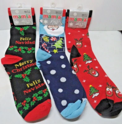 Santa Christmas Mamia Size 9-11 Socks Holiday Feliz Navidad 3 pairs NWT - Image 1 of 4