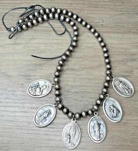 HTF Sterling 925 Catholic Prayer Warrior Beads Necklace w/ Holy Saint Medals 26g - Picture 1 of 23