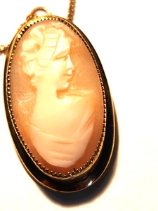 14 K gold Carved Cameo Brooch Pin Pendant Necklace - Picture 1 of 11