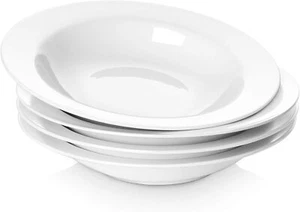 Soup Bowls Pasta Set of 4 White Salad and Plates 20 Ounces Porcelain Wide Rim - Picture 1 of 4