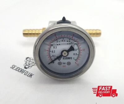 ASSEMBLED Fuel Low Pressure Gauge Carburetor 15 Psi, 1 bar LIQUID FILLED  8mm - Image 1 of 3