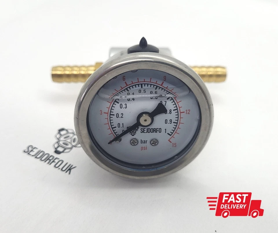 ASSEMBLED Fuel Low Pressure Gauge Carburetor 15 Psi, 1 bar LIQUID FILLED  6mm - Image 1 of 3