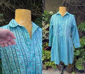 Vtg Esprit Folk Floral Tapestry Babydoll Dress Tunic Kids M Adult XS/S Aqua Blue - Picture 1 of 7