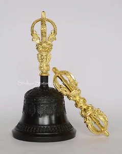 Juego de Vajra y Campana Budista Tibetano de 7,5" de Buena Calidad Aleación de Bronce Patan Nepal - Imagen 1 de 11