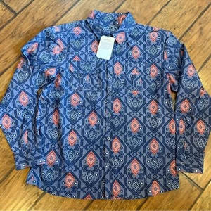 Camisa de pesca Reel Life para hombre L púrpura naranja patrón azteca botón rendimiento - Imagen 1 de 10