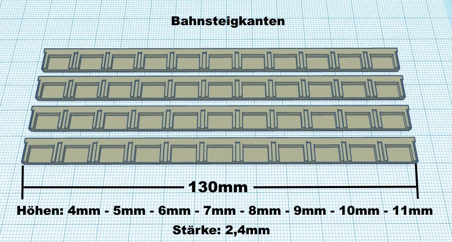 MARKENLOS 4x Bahnsteigkante Spur N TT Z H0 - 8 versch. Höhen - 3D Druck PLA - Farbe Grau