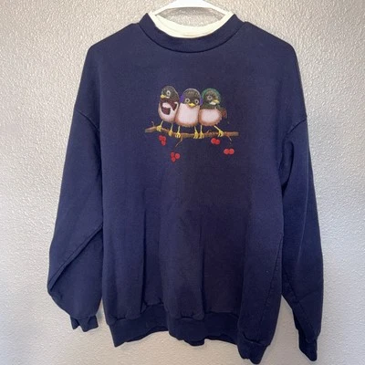 VTG 90s Mary Engelbreit Sweatshirt Artist Winter Birds Sweatshirt Navy Blue - Image 1 of 4