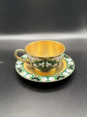 Taza y platillo ruso 916 plata dorada, esmalte (cinco colores), Leningrado, 1958 Foto 1 de 4