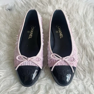 Bailarina Chanel Rosa Tweed Plana Negro Charol Puntera Logo CC talla 38 Foto 1 de 4