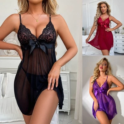 Womens Sexy Lace Nightdress Lingerie Babydoll Sleepwear G-string Underwear Set - Image 1 of 4