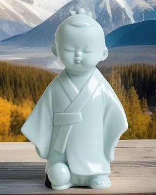 🇯🇵 DE COLECCIÓN Celadon - Niño Buda Japonés en Kimono - con Bola - Porcelana Azul Foto 1 de 4