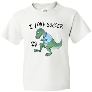 Inktastic I Love Soccer-Dinosaur In Blue Youth T-Shirt Sports Soccer Dino T-rex - Picture 1 of 8