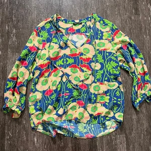 Lauren Gold Floral Blouse Silk Top Long Sleeve Bohemian Festival Bright 19in PTP - Picture 1 of 8