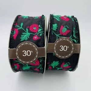 2 Martha Stewart Holiday Wired Ribbon 30' Black Magenta Green Floral Embroidered - Picture 1 of 6