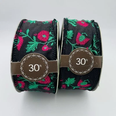 2 Martha Stewart Holiday Wired Ribbon 30' Black Magenta Green Floral Embroidered - Image 1 of 4