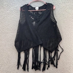 Chaleco de viaje de día con flecos de ganchillo para mujer talla pequeña negro elegante club escolar - Imagen 1 de 17