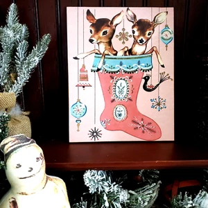 SHABBY KITCHY RETRO VINTAGE PRIMITIVE STYLE CHRISTMAS PINK STOCKING DEER SIGN - Picture 1 of 11