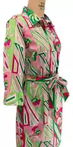TALBOTS Woman Petites Pink+Green Print Button Front Shirt Dress - Sz 16 Stretch! - Picture 1 of 12
