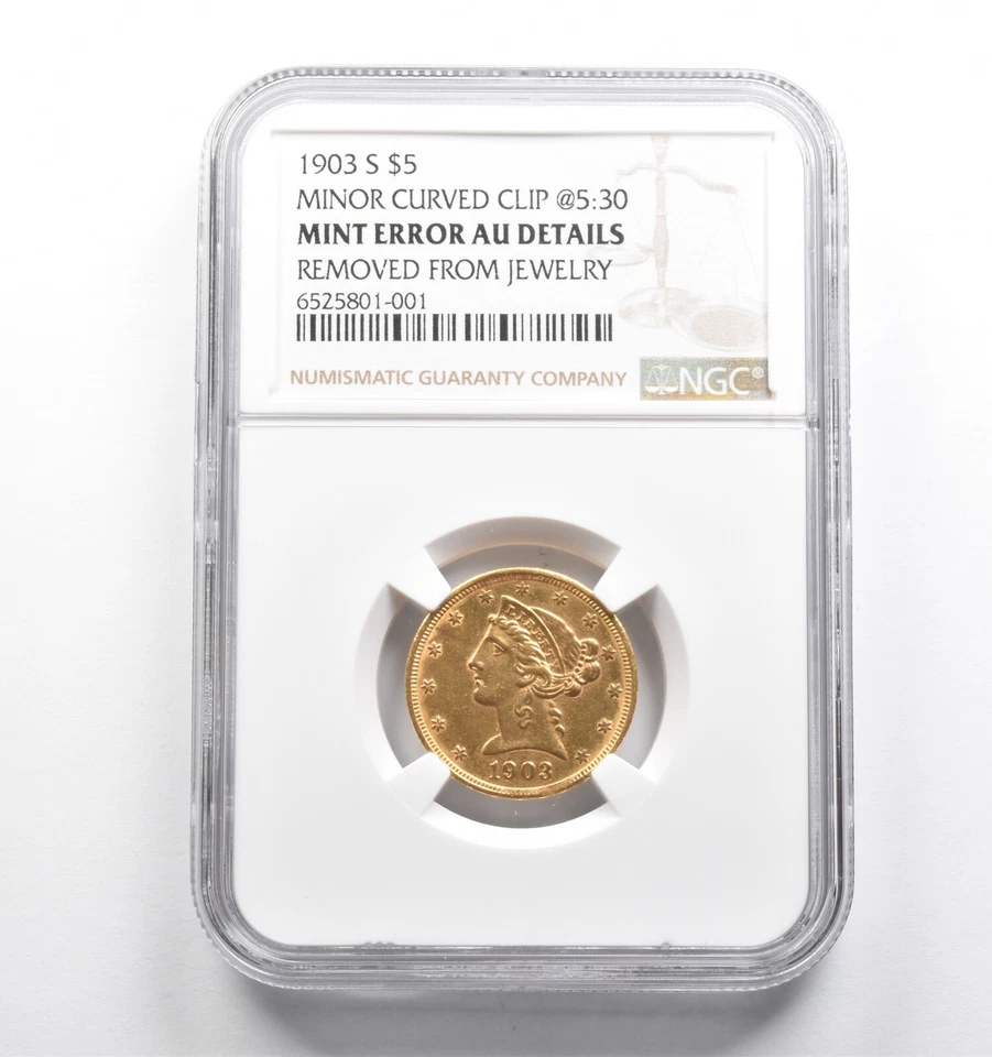 AU Det 1903-S $5 Liberty Head Gold Half Eagle Minor Curved Clip @5:30 NGC *4692 - Image 1 of 3