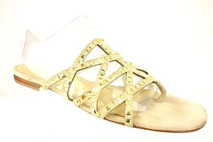 VIA SPIGA Cream Suede Leather Gold Toned Stud Sandals Womens 10 M Slides Shoes - Picture 1 of 12